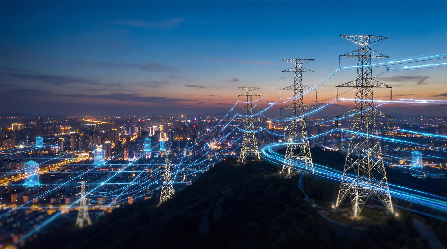 広い範囲に連なる送電設備と都市のイメージ